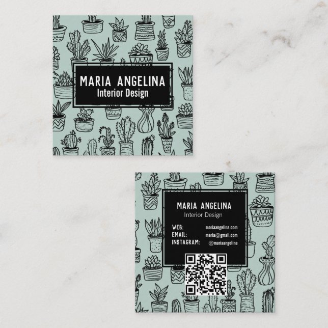Cute Cactus Succulents Boho Doodle QR ANPASSNINGSB Fyrkantigt Visitkort (Fram/baksida)