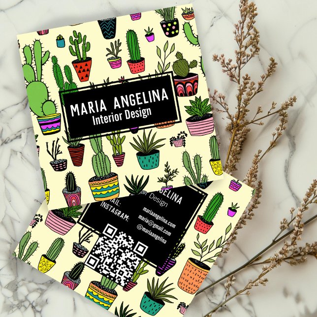 Cute Cactus Succulents Boho Doodle QR ANPASSNINGSB Fyrkantigt Visitkort (Cute Cactus Succulents Boho Doodle QR Code CUSTOM Square Business Card
)
