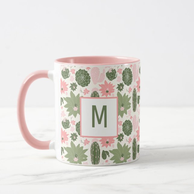 Cute Cactus Succuls Grönt för Rosa med Monogram Mugg (Vänster)