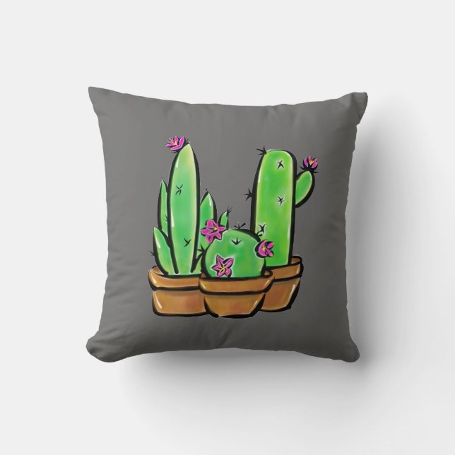 Cute Cactus Succultus grönt rosa ökblommor Kudde (Framsida)