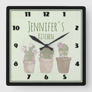 Cute Cactus Trio Wearing Jewelry Fyrkantig Klocka
