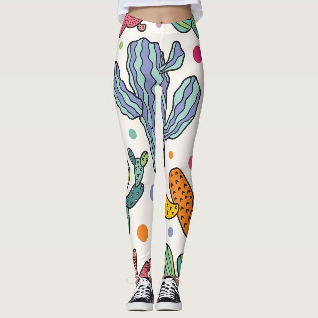 Cute Cactus Vintage Sömlös Mönster Leggings (Framsida)