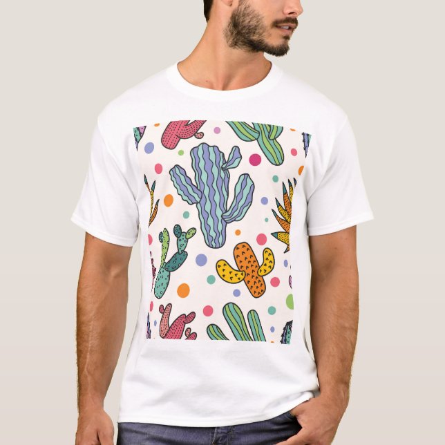 Cute Cactus Vintage Sömlös Mönster T Shirt (Framsida)