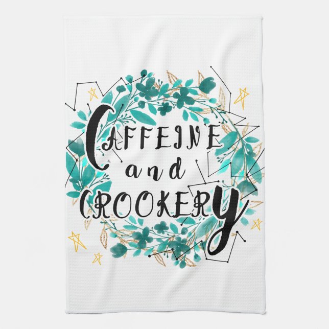 Cute Caffeine och Crookery Quote Typography Kökshandduk (Vertikal)