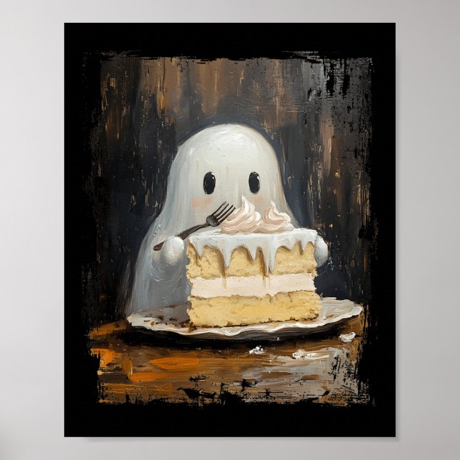Cute Cake Ghost Eating Cake Funny Halloween Food L Poster (Framsidan)