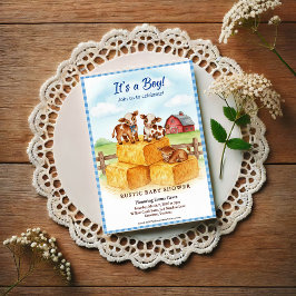 Cute Calf Baby Shower Gingham Hay Invitation Vykort