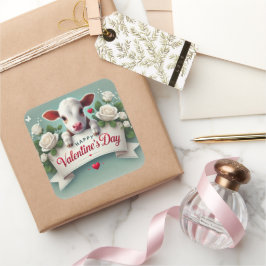 Cute Calf Holding Valentine Day Hälsning Banner Fyrkantigt Klistermärke