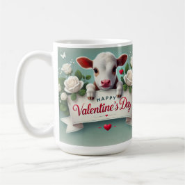 Cute Calf Holding Valentine Day Hälsning Banner Kaffemugg