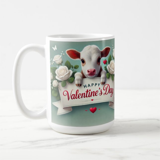 Cute Calf Holding Valentine Day Hälsning Banner Kaffemugg (Vänster)