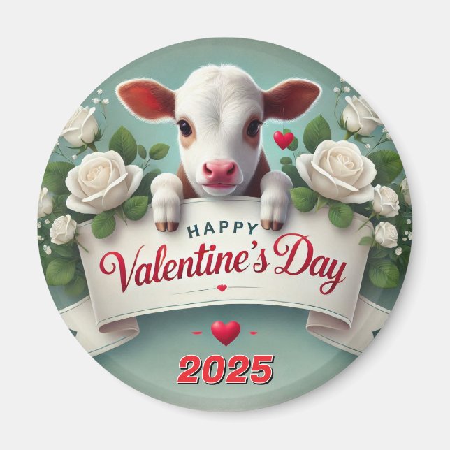 Cute Calf Holding Valentine Day Hälsning Banner Magnet (Framsidan)