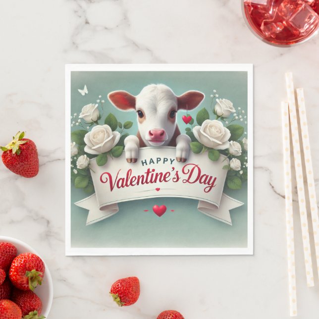 Cute Calf Holding Valentine Day Hälsning Banner Pappersservett (Insitu)