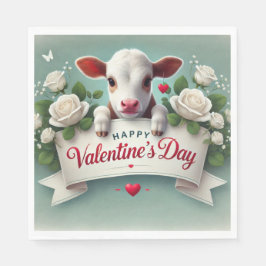 Cute Calf Holding Valentine Day Hälsning Banner Pappersservett