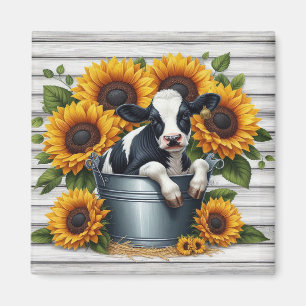 Cute Calf i Metall Bucket med Vibrant Sunblommor Magnet