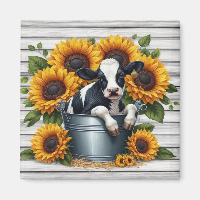 Cute Calf i Metall Bucket med Vibrant Sunblommor Magnet (Framsidan)