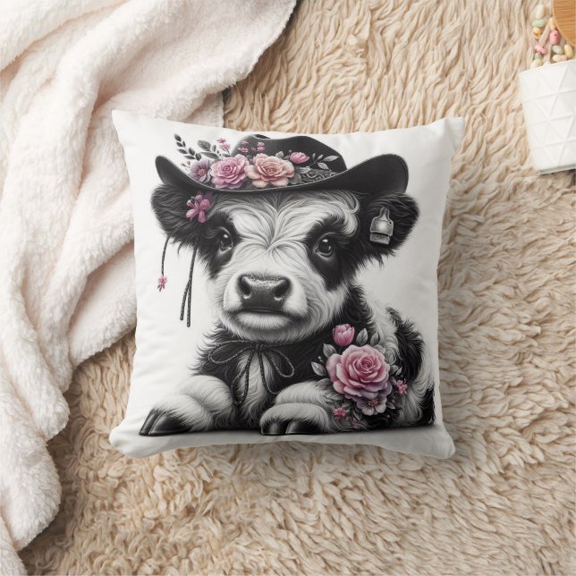 Cute Calf Wearing Hat Adorto with Flowers Kudde (Filt)