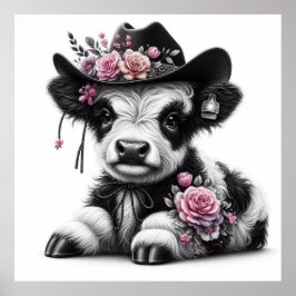 Cute Calf Wearing Hat Adorto with Flowers Poster