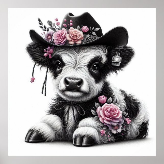 Cute Calf Wearing Hat Adorto with Flowers Poster (Framsidan)