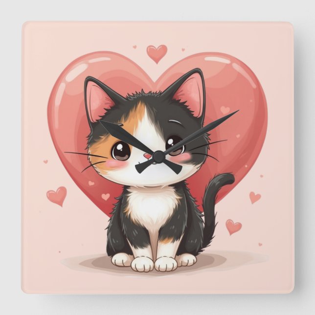 Cute Calico Cat Heart Kawaii Valentine Art Fyrkantig Klocka (Framsida)