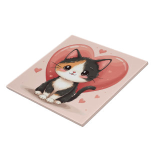 Cute Calico Cat Heart Kawaii Valentine Art Kakelplatta