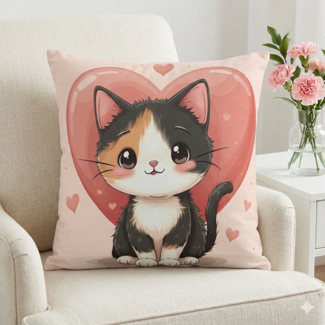Cute Calico Cat Heart Kawaii Valentine Art Kudde (Kawaii Calico Cat Heart Valentine Design 2 Throw Pillow Mockup A )