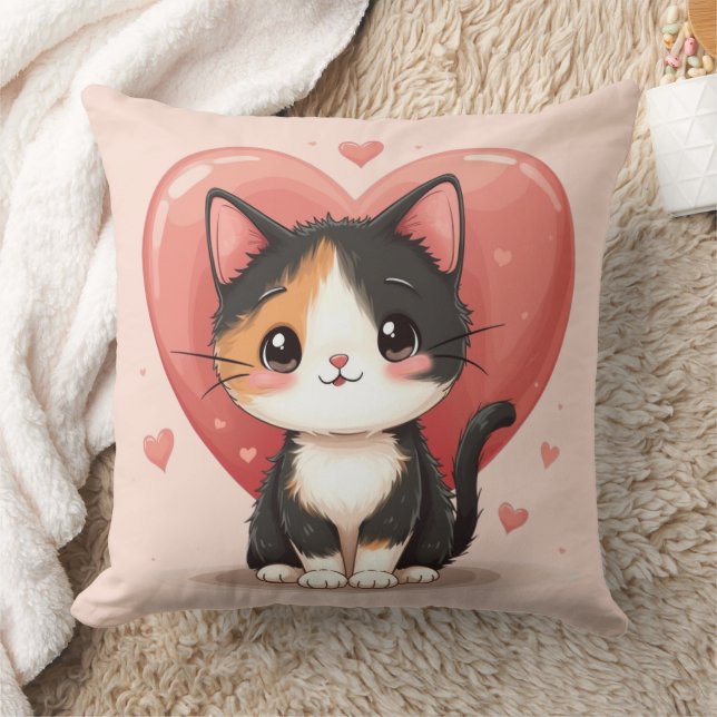 Cute Calico Cat Heart Kawaii Valentine Art Kudde (Filt)