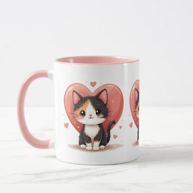 Cute Calico Cat Heart Kawaii Valentine Art Mugg (Vänster)