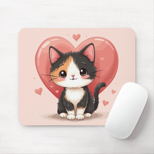 Cute Calico Cat Heart Kawaii Valentine Art Musmatta (Med mus)