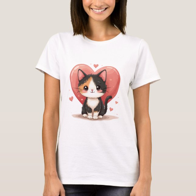 Cute Calico Cat Heart Kawaii Valentine Art T Shirt (Framsida)