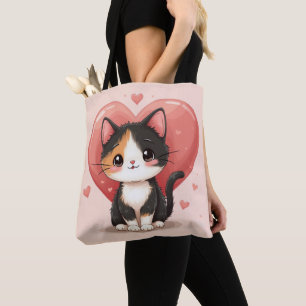 Cute Calico Cat Heart Kawaii Valentine Art Tygkasse