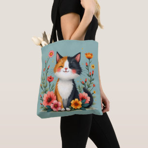 Cute Calico Cat med Blommigt Cottagecore Aesthetic Tygkasse