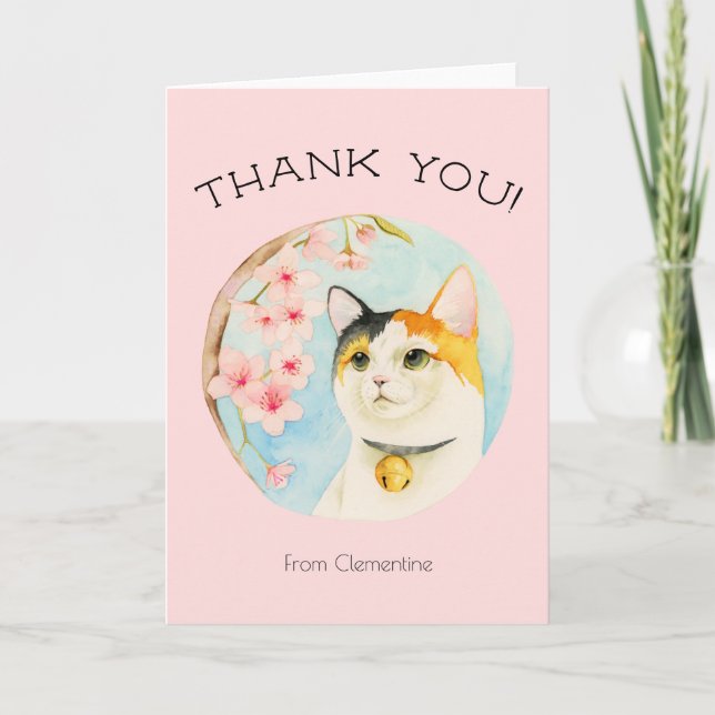 Cute Calico Cat och Rosa Flowers | Tack Kort (Framsida)