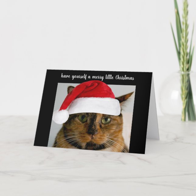 Cute calico cat with Santa cap, personalized Helgkort (Framsida)