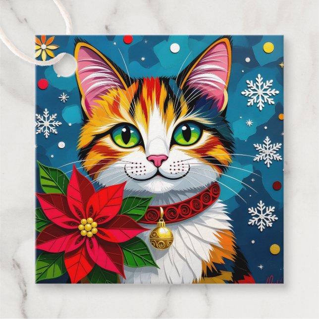 Cute Calico Kitty Cat and Poinsettia Christmas Gåvor Etiketter (Framsida)
