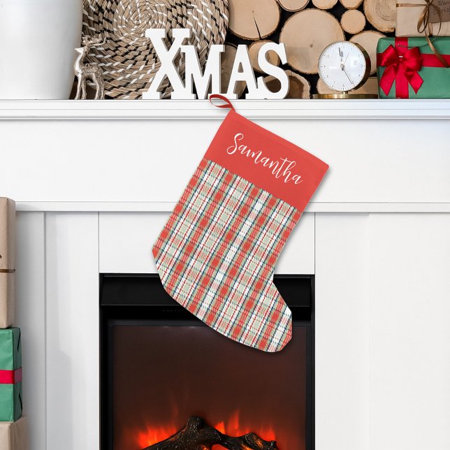 Cute Calligraphy Script Red Grönt Play Mönster Liten Julstrumpa (Christmas classic holiday red and green pattern stockings. )