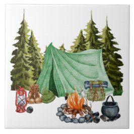 Cute Camping Theme Campfire, Tält, Forest Kakelplatta