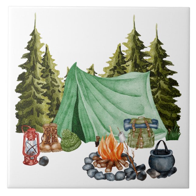 Cute Camping Theme Campfire, Tält, Forest Kakelplatta (Framsidan)