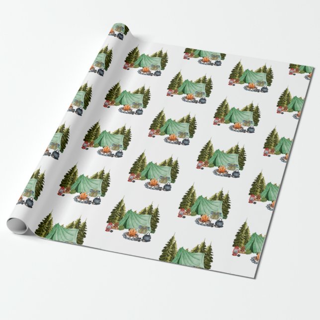 Cute Camping Theme Campfire, Tält, Forest Presentpapper (Utrullad)