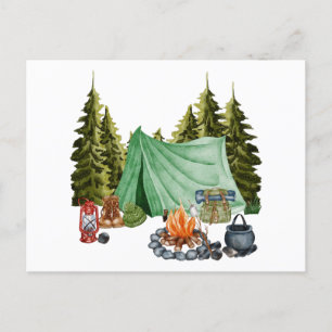 Cute Camping Theme Campfire, Tält, Forest Vykort