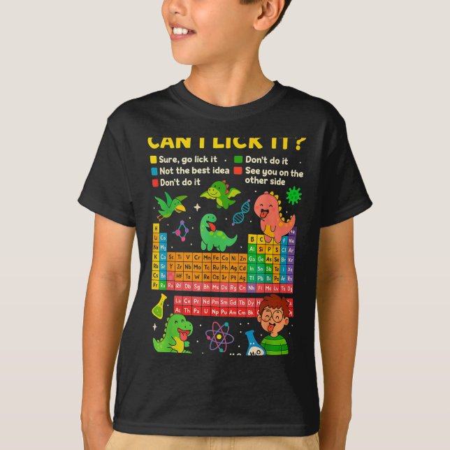 Cute Can I Lick It Dino Periodic Table Science Hum T Shirt (Framsida)