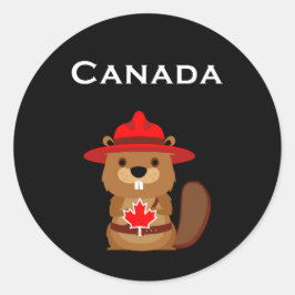 Cute Canada Beaver med Maple Löv Mörk Färg Runt Klistermärke