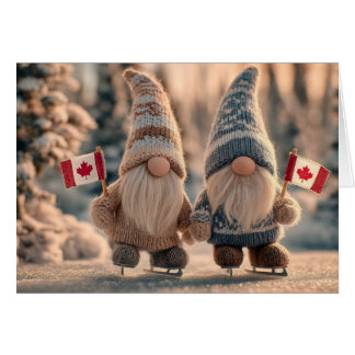 Cute Canadian Gnomes Ice Skating in Snowy Winter Hälsningskort