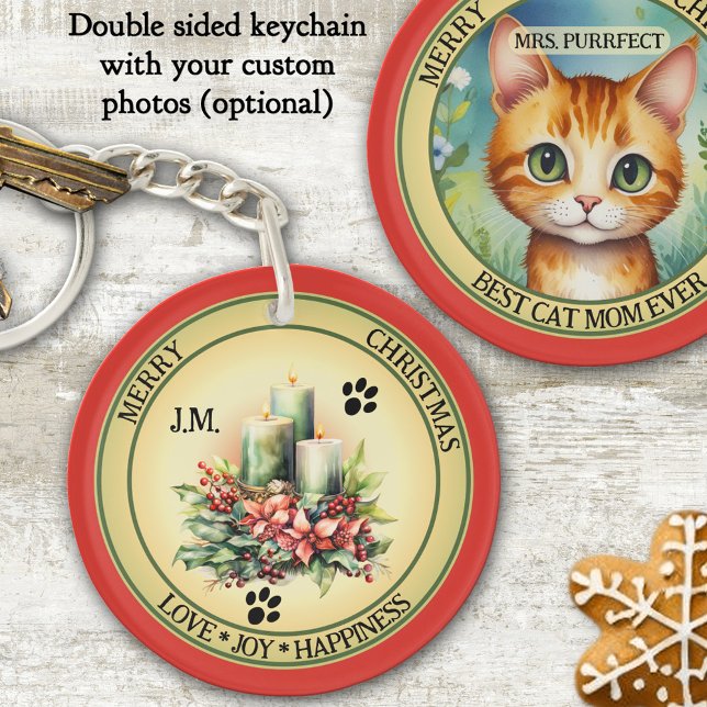 Cute Candles Katt Jul Dubbla Sida (Keychain featuring a fun watercolor Christmas candle with paw prints and a cute cat illustration)