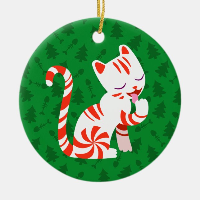 Cute Candy cane Cat Julgransprydnad Keramik (Framsidan)