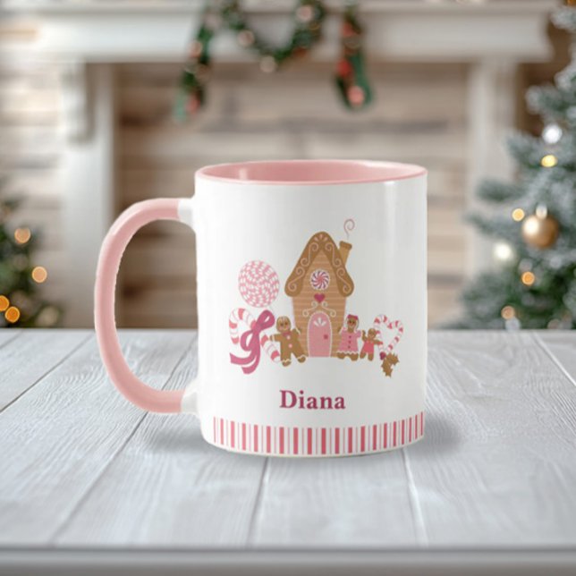 Cute Candy cane Gingerbröd House Rosa White Mugg (Skapare uppladdad)