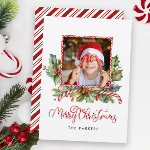 Cute Candy cane God jul Blommigt Photo Julkort
