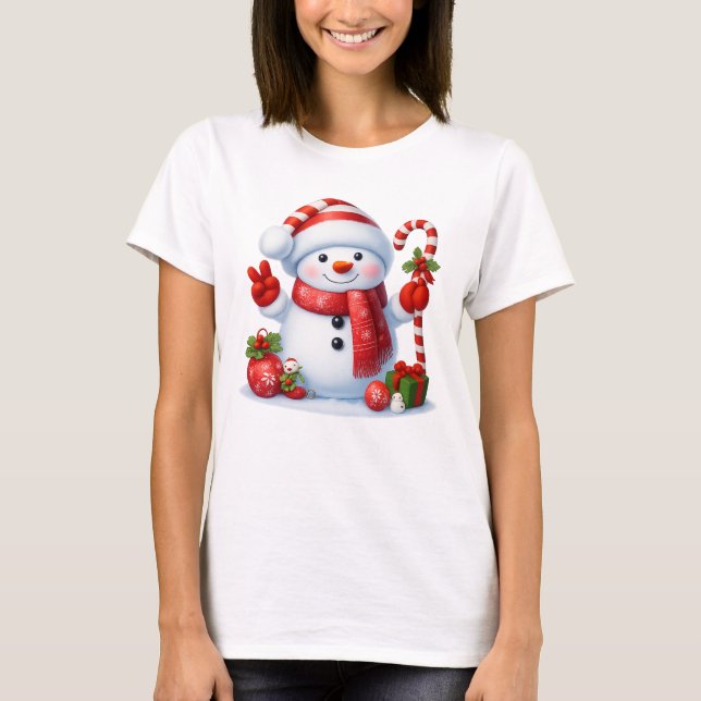 Cute Candy Cane Snowman Merry Christmas  T Shirt (Framsida)