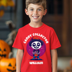 Cute Candy Collector Skeleton Boys Halloween T Shirt