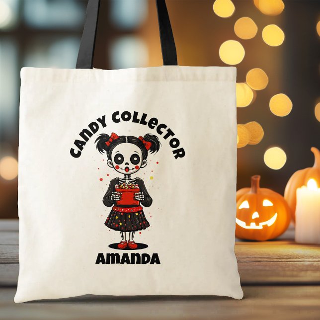 Cute Candy Collector Skeleton Girls Halloween Tygkasse (Cute Candy Collector Skeleton Girls Halloween Tote Bag)