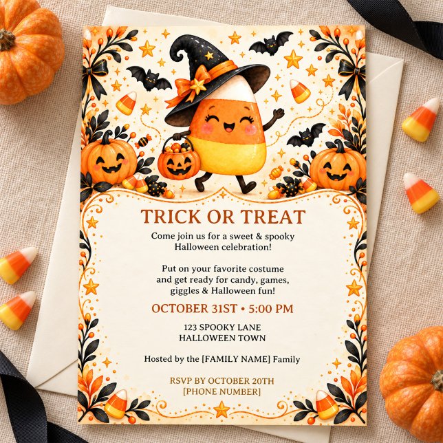 Cute Candy Corn Witch Halloween Party Invitation Inbjudningar (Skapare uppladdad)