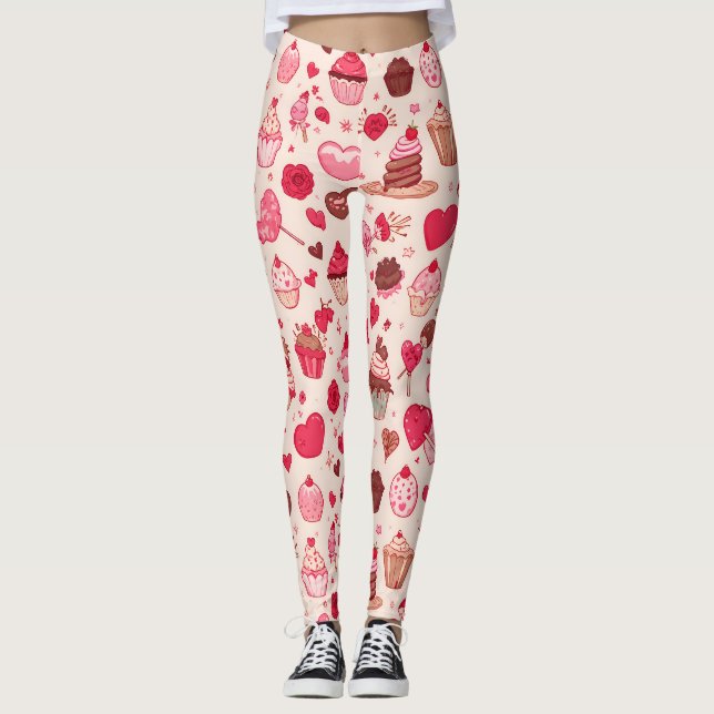 Cute Candy & Sweets Valentine Seamless Pattern  Leggings (Framsida)